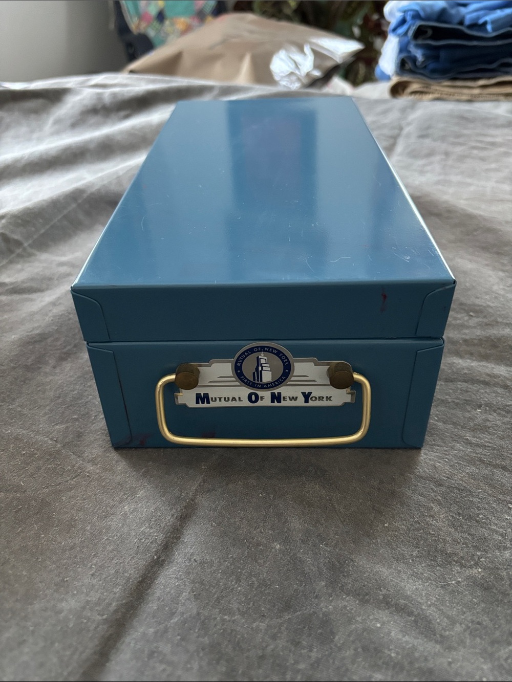 Mutual of New York Blue Metal Storage Box/lock set to “000” for locking & unlock